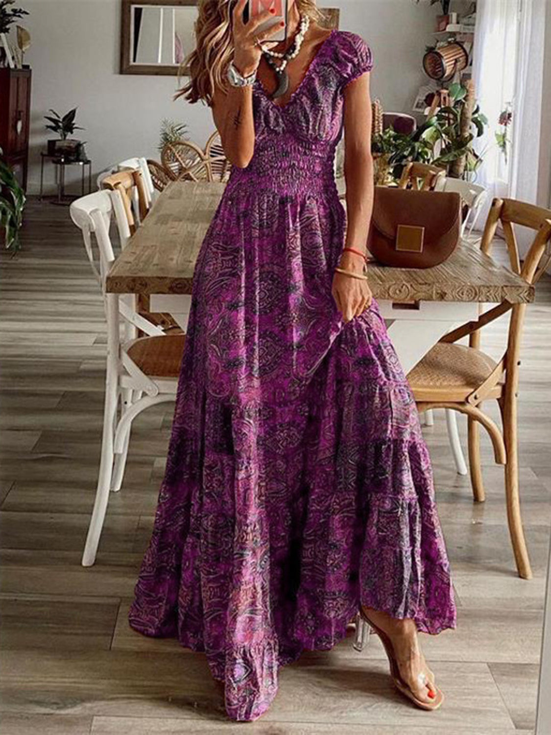 Purple Floral Puff Short Sleeve Maxi