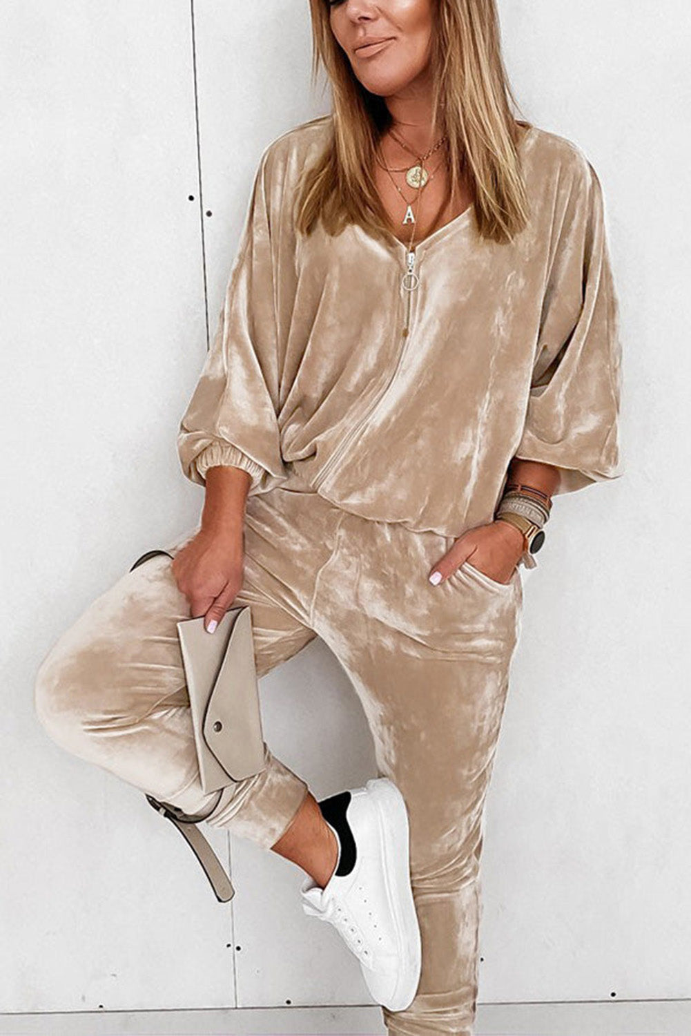 Beige Velvet Zipped Top and Joggers Two Piece Set