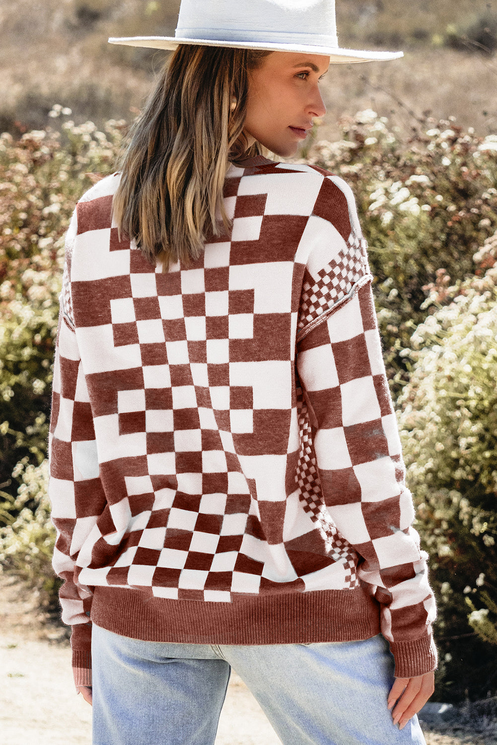 Brown Checkered Drop Shoulder Round Neck Sweater