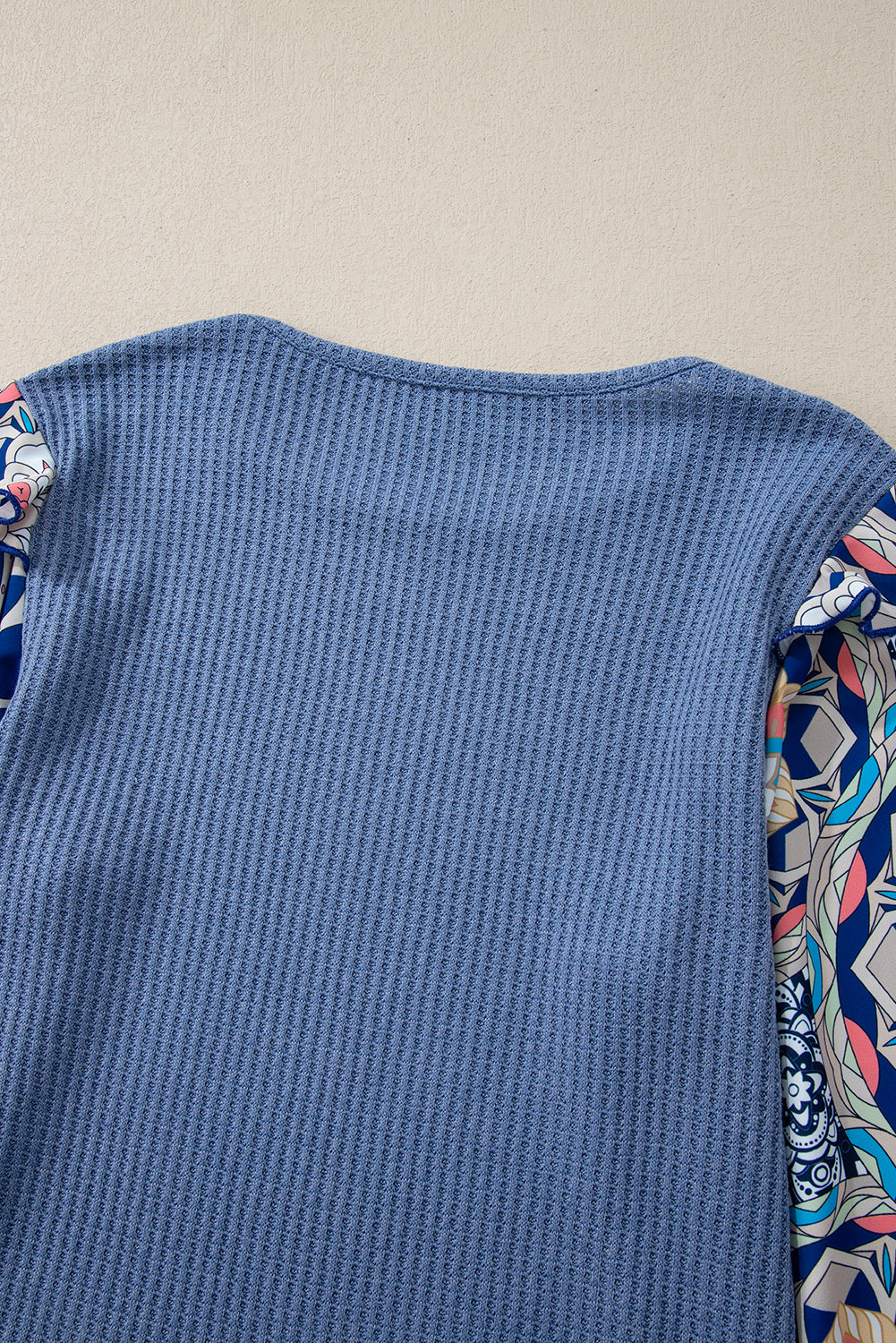 Blue Floral Sleeve Waffle Knit Blouse