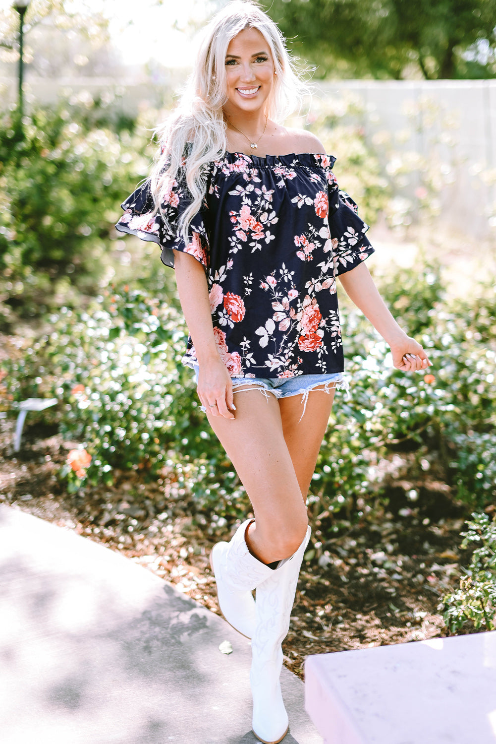 Navy Off Shoulder Flounce Sleeve Floral Blouse