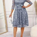 Grey Lace Round Neck Three-quarter Sleeve Dress Slate Grey Bazaare Mart Grey Lace Round Neck Three-quarter Sleeve Dress