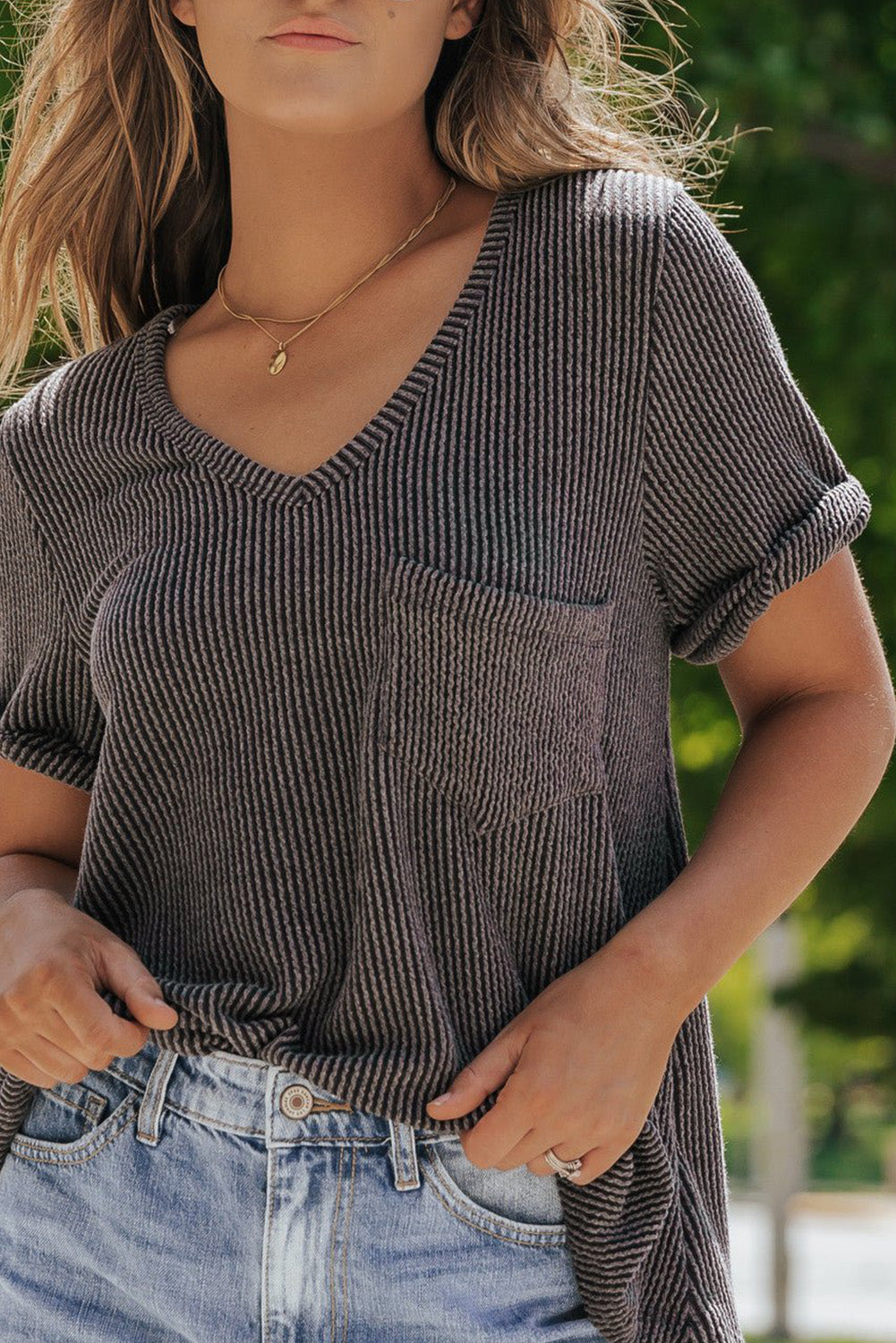 Carbon Grey Short Sleeve Corded V Neck Top