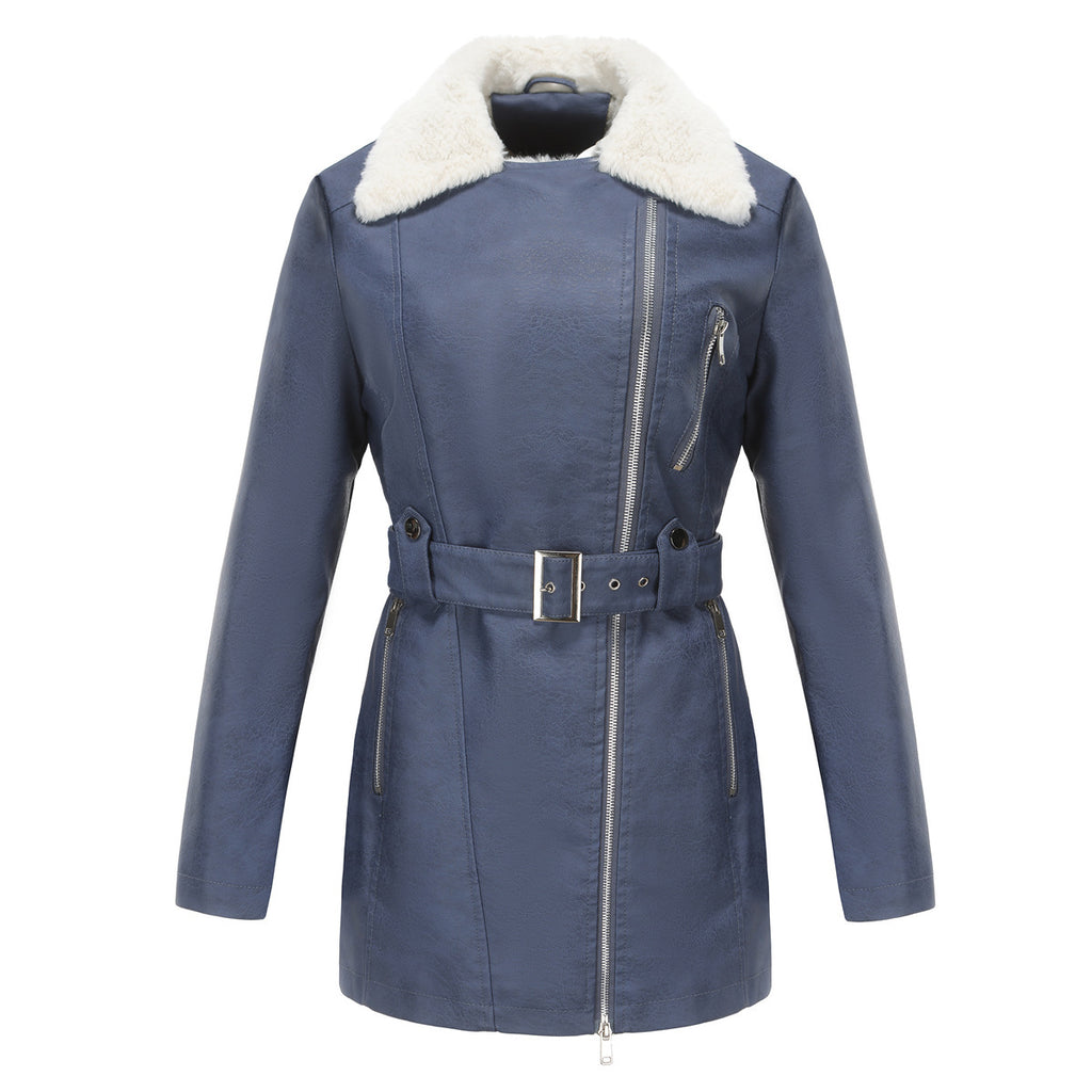 PU Leather and Fleece Belted Jacket