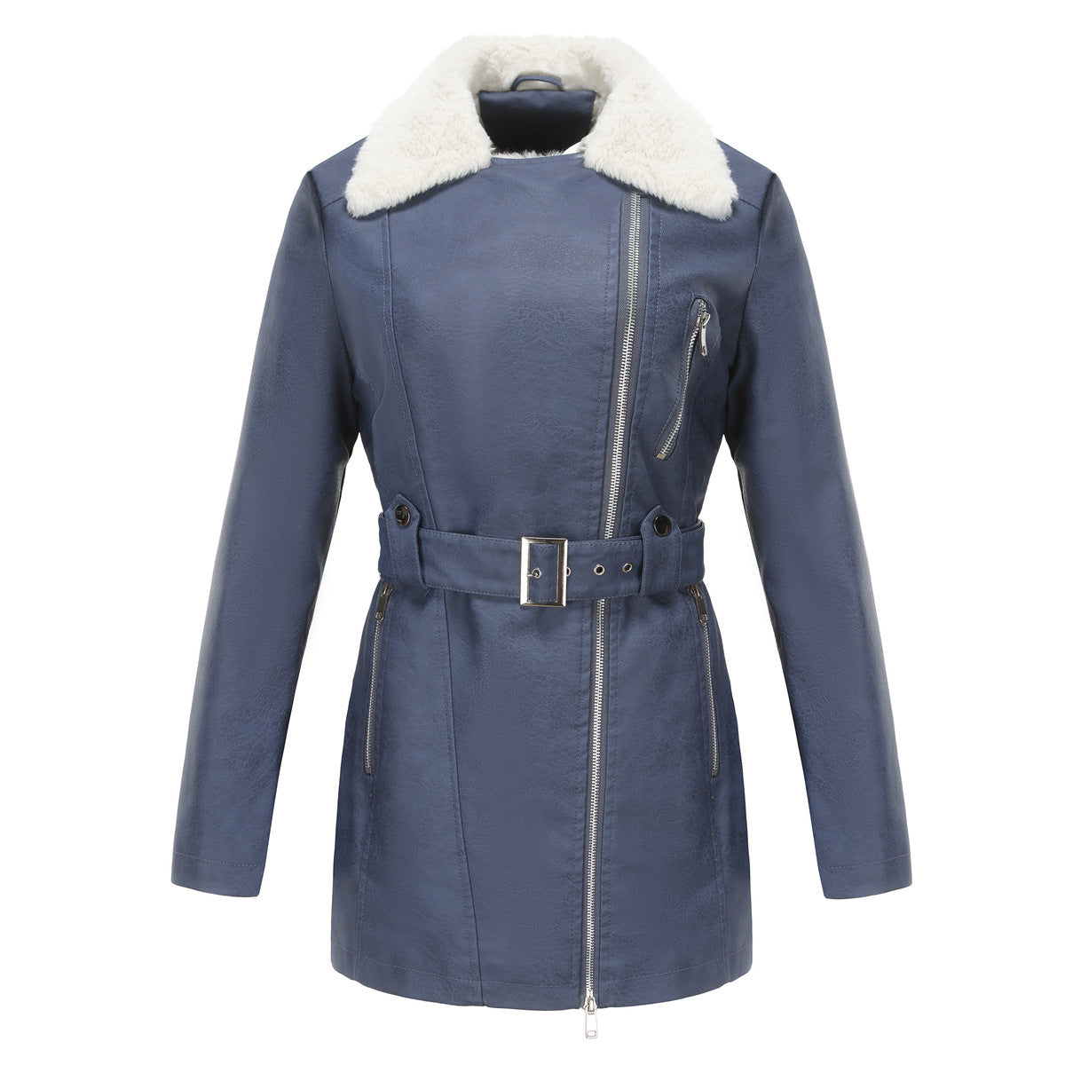PU Leather and Fleece Belted Jacket