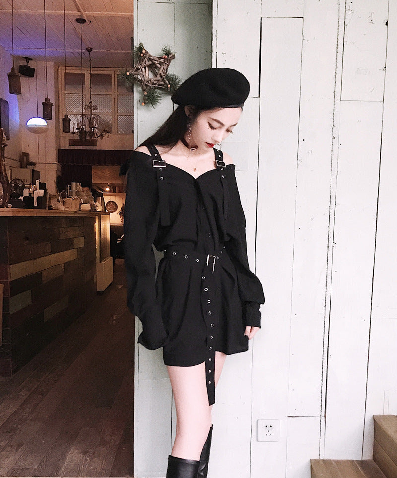 Gothic Belted Off Shoulder Mini Shirt Dress