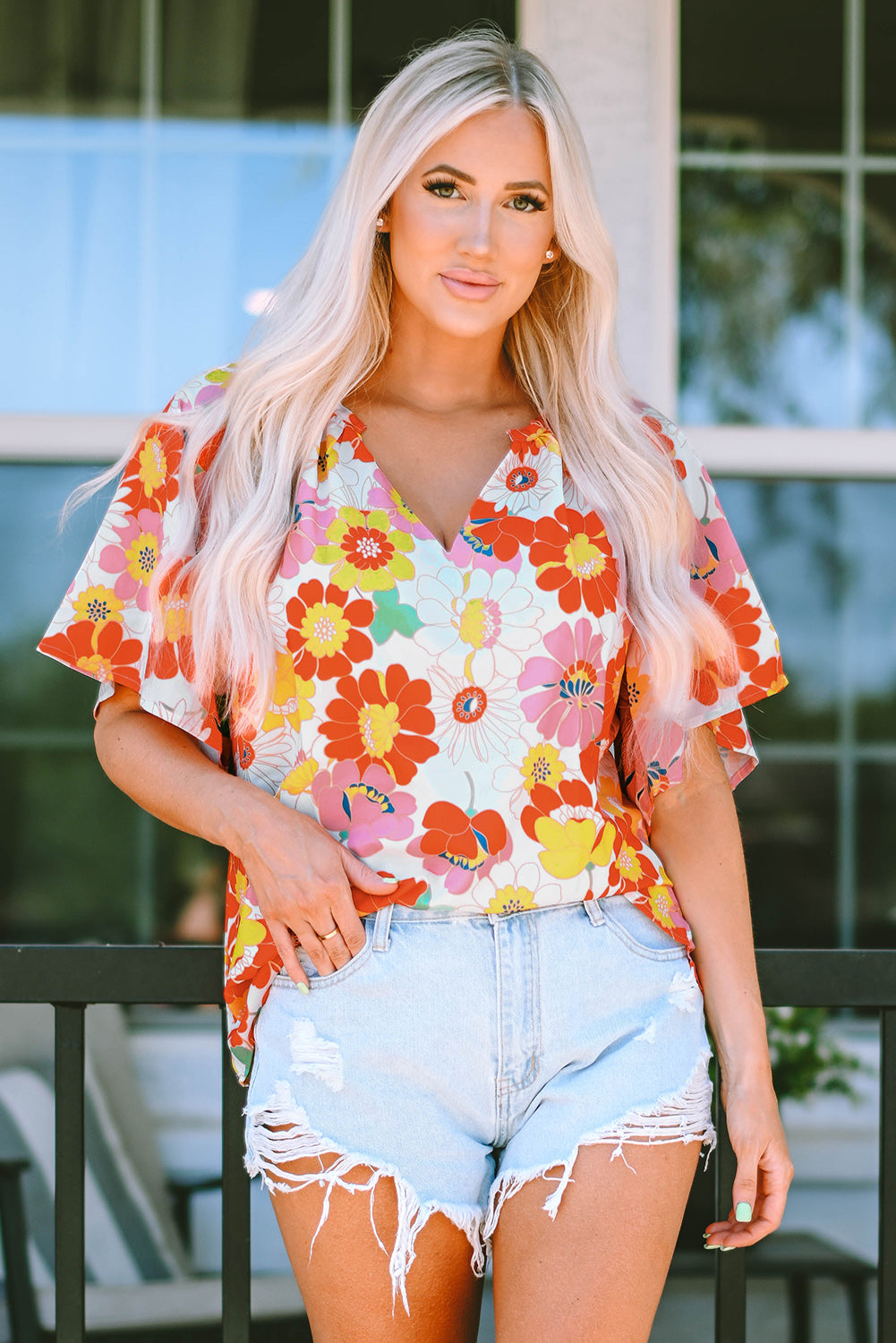 Multicolor Plus Size Floral Button Keyhole Back Ruffle Romper