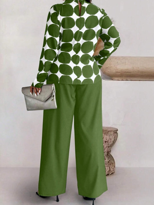 Green Polka Dot Long Sleeve Top & Wide Leg Pants Set