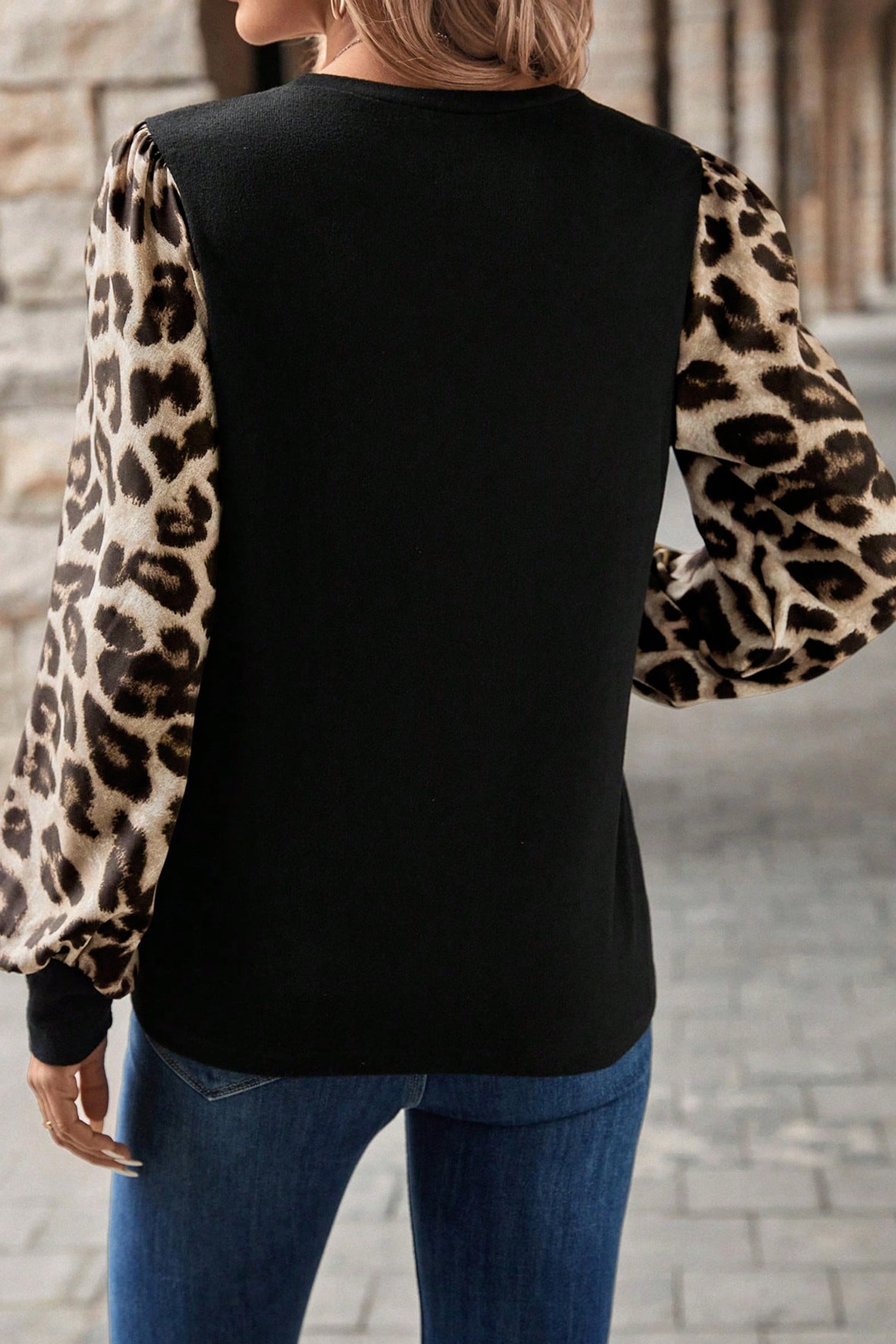 Khaki Leopard Puff Sleeve Patchwork Top Bazaare Mart Tops/Long Sleeve Tops