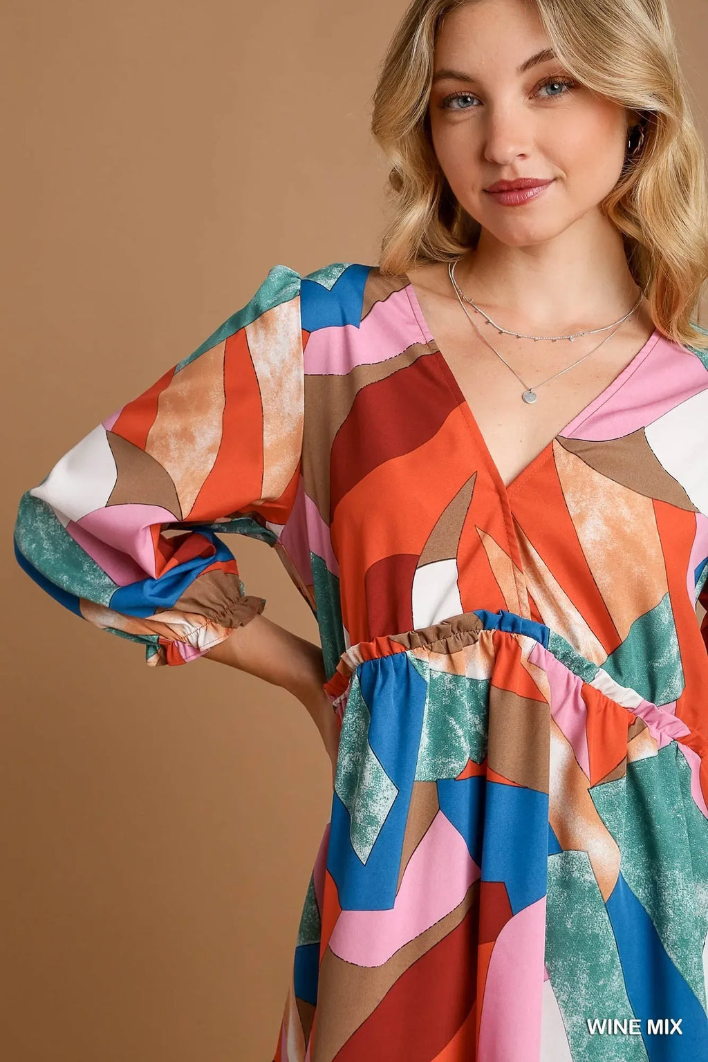 Umgee Abstract V-Neck Tiered Printed Dress Bazarre Mart Abstract Mini Dress