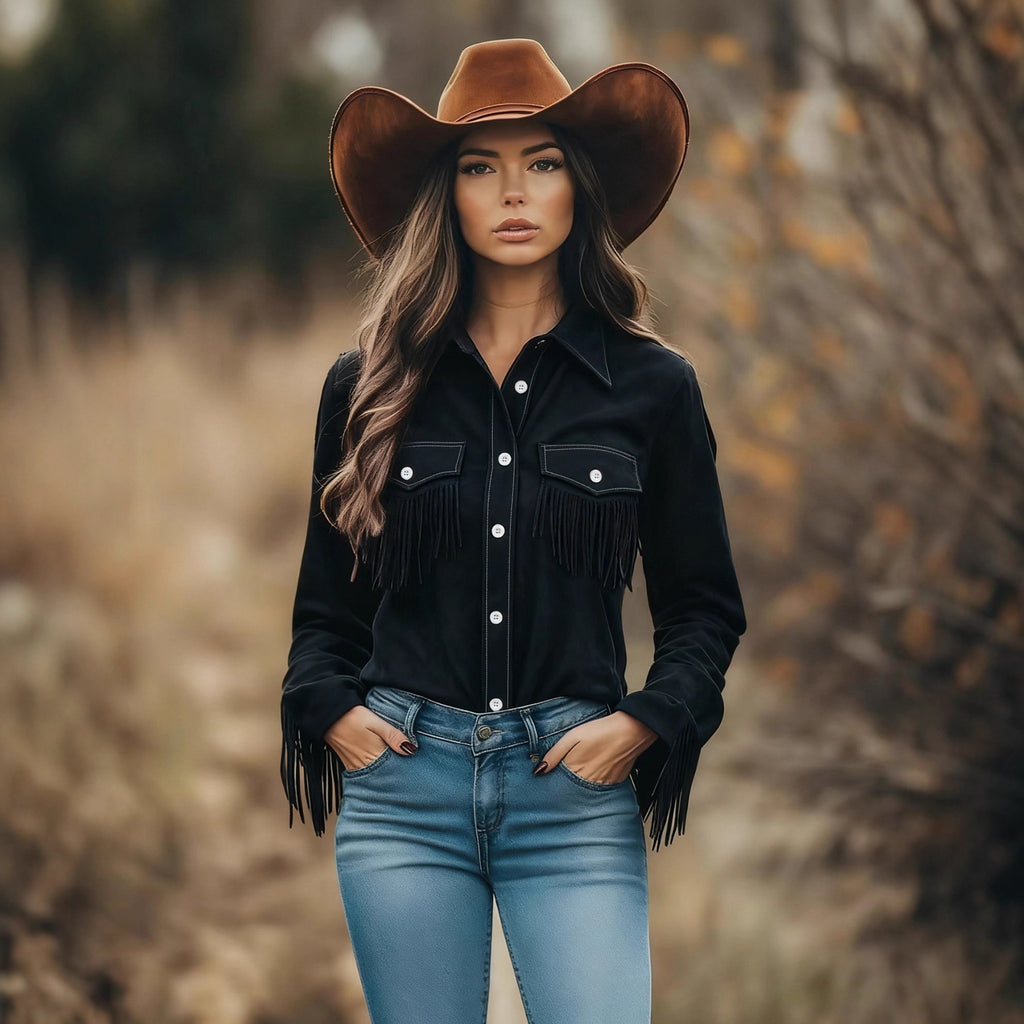 PU Suede Fringe Button Up Long Sleeve Shirt