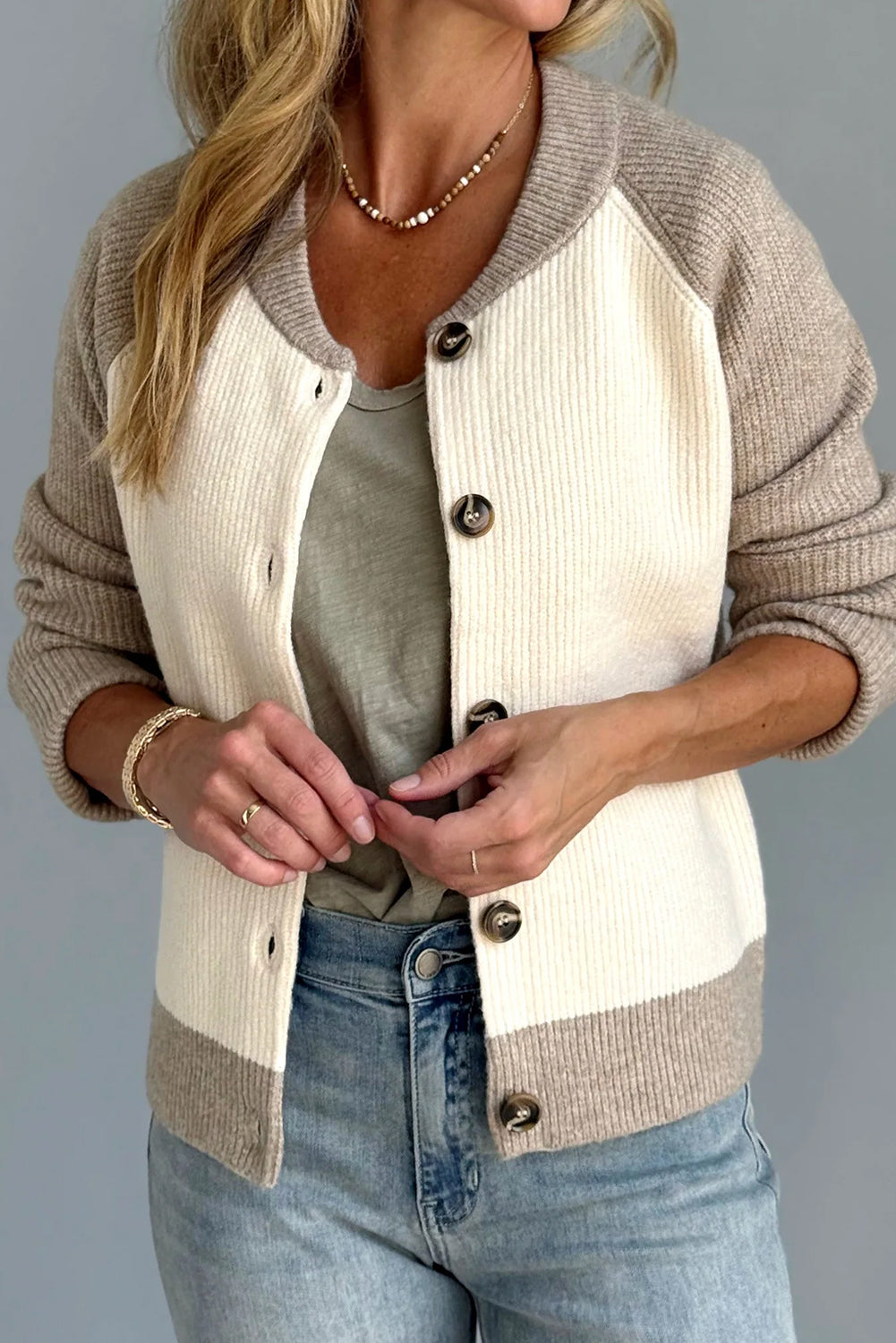 White Colorblock Button Front Cardigan White 65%Acrylic+35%Polyamide Shewin Cardigans