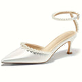 Pearl Embellished Pointed Toe Satin Pumps White Bazaare Mart Satin Pearl Embellished Pointed Toe Pumps