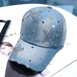 Distressed Denim Rhinestone Baseball Cap