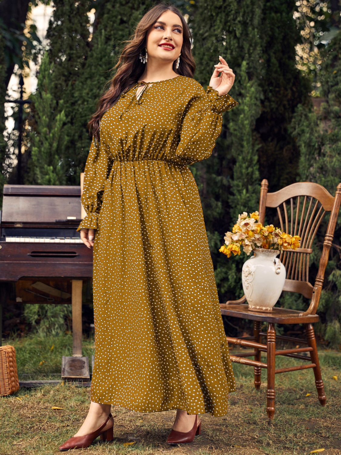 Fall Ruffled Polka Dot Long Sleeve Midi Dress