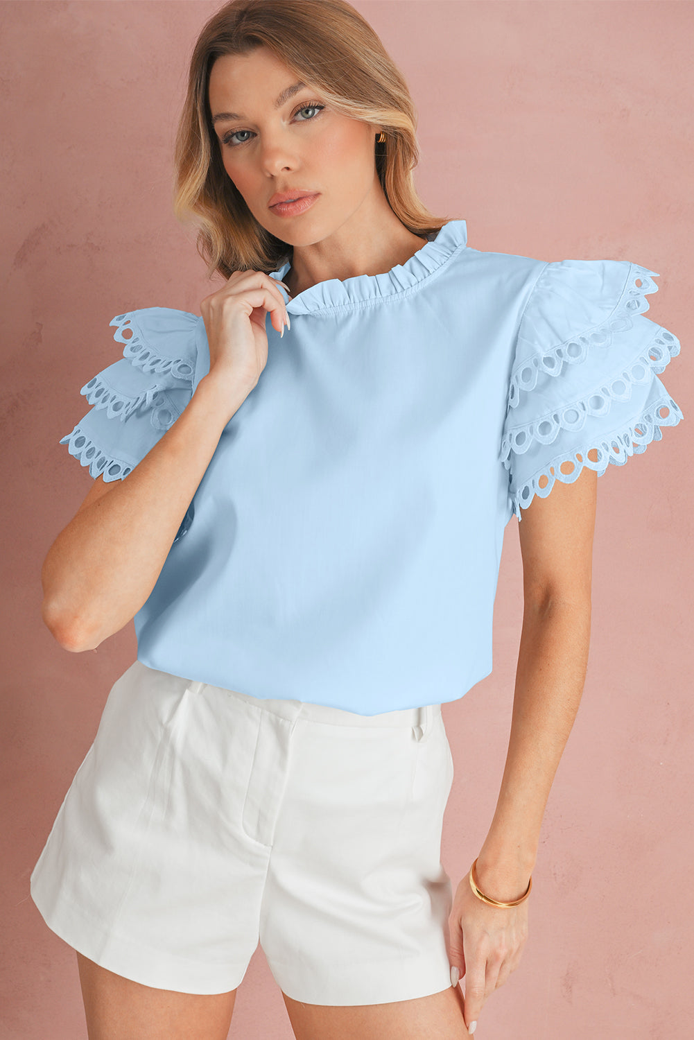 Light Blue Layered Cap Sleeve Frill Neck Blouse