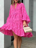 Eyelet Ruffled Hem Tiered Dress Rose Red Bazarre Mart Tiered Eyelit Long Sleeve Dress