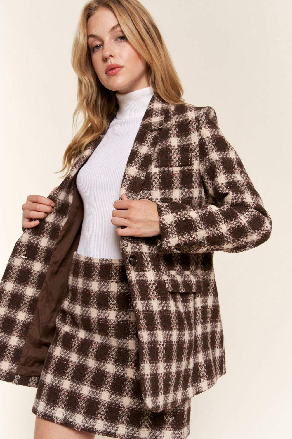 Brown Plaid Skirt Suit