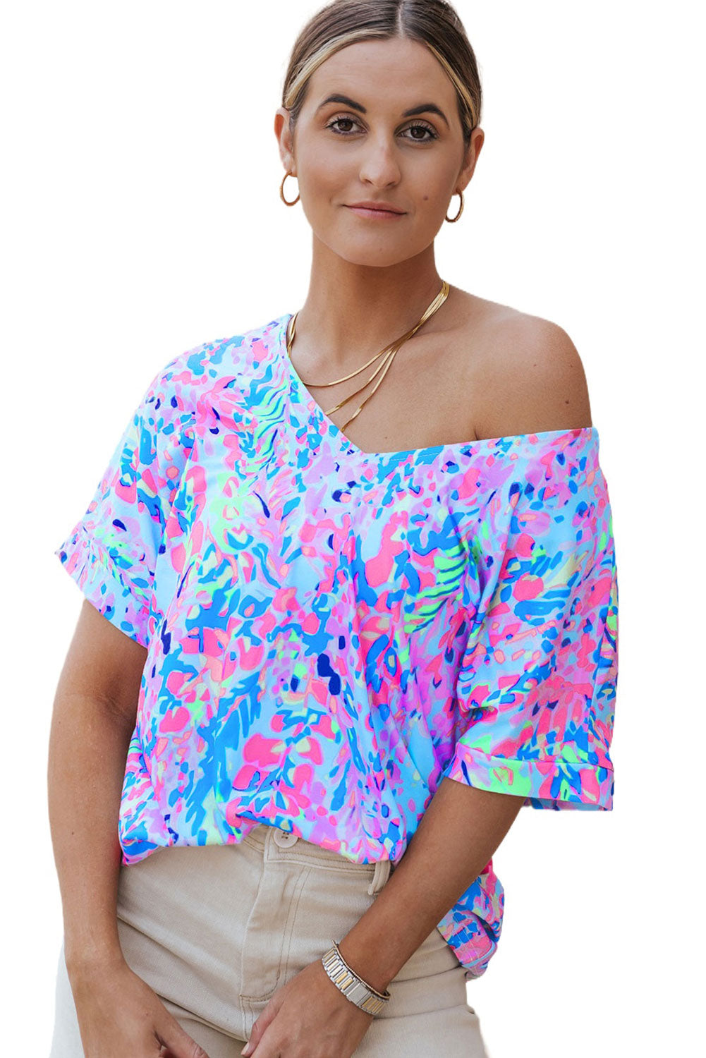 Multicolor Printed 3/4 Sleeve Split Neck Plus Size Tunic Top