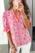 Pink and Orange Floral Striped Short Sleeve Blouse Pink 55%Cotton+45%Viscose Shewin Blouses & Shirts