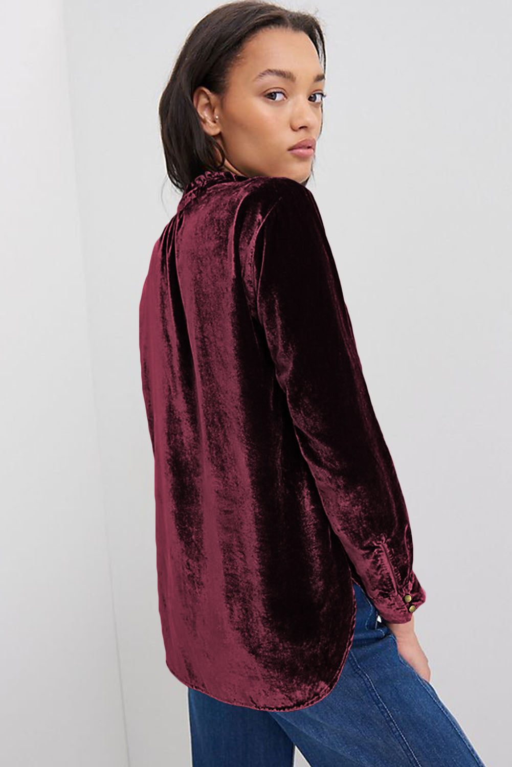 Burgundy Frilled Neck Buttoned Front Velvet Top