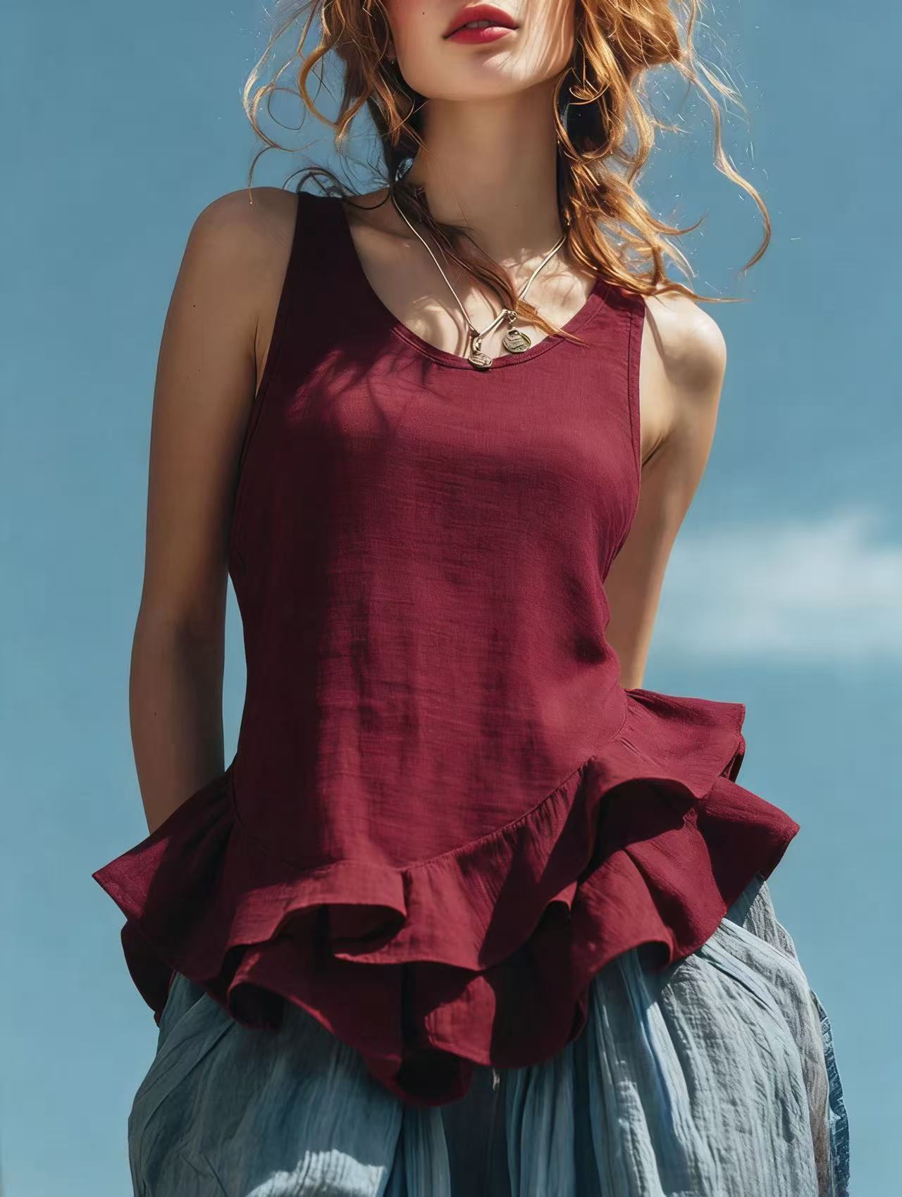 Women’s Sleeveless Ruffle Hem Top – Casual Fashion Tank Blouse Wine Red CJ Dropshipping Sleeveless Ruffled Top