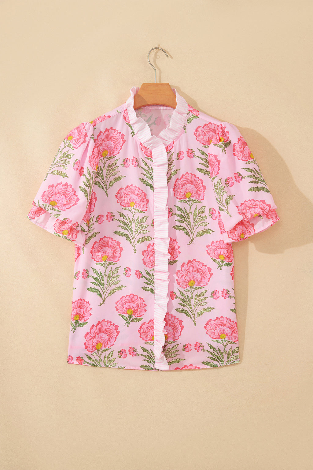 Pink Sweet Blooms Ruffle Striped Trim Puff Sleeve Shirt
