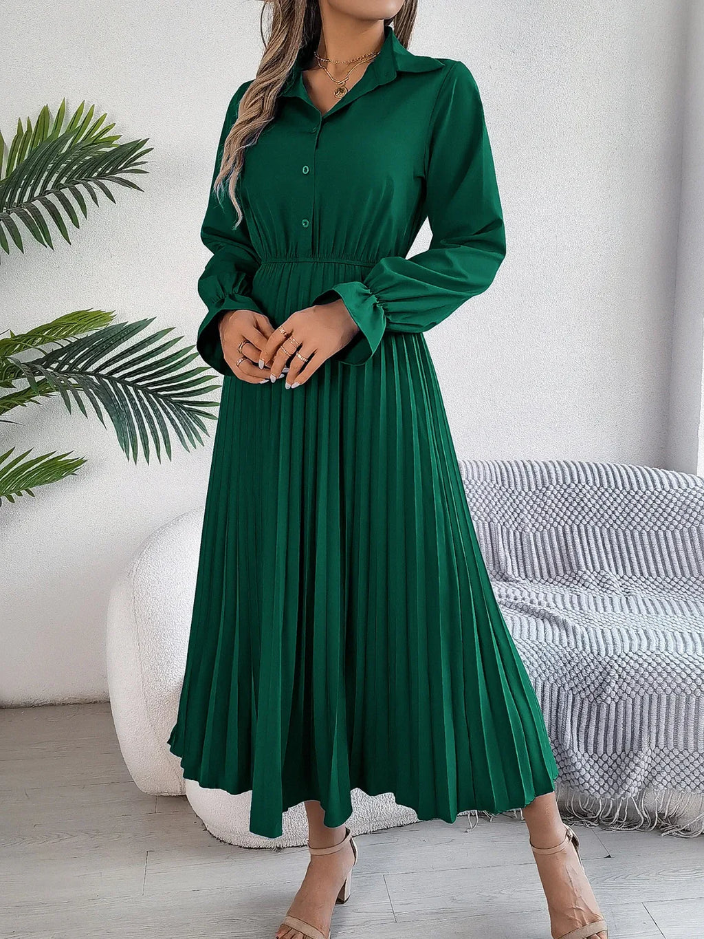 Pleated Half Button Long Sleeve Midi Dress Bazaare Mart Pleated Half Button Long Sleeve Midi Dress