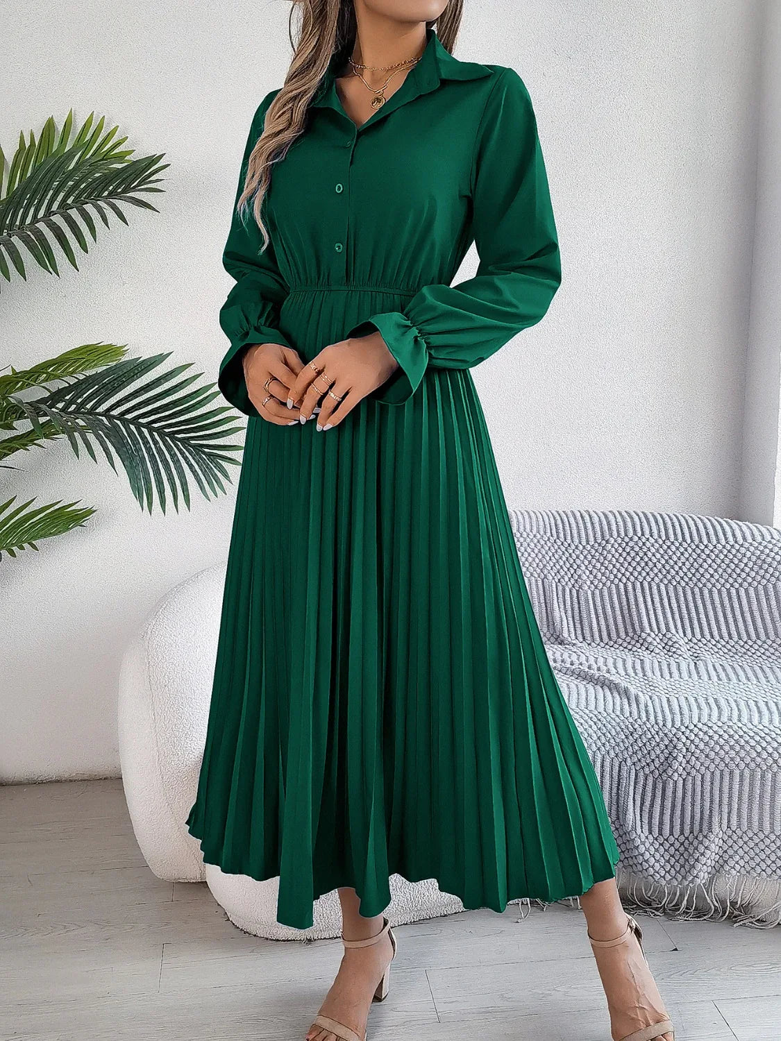 Pleated Half Button Long Sleeve Midi Dress Bazaare Mart Pleated Half Button Long Sleeve Midi Dress