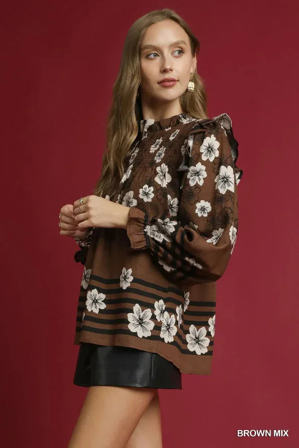 Umgee Brown Mix Floral Smocked Ruffle Blouse Bazaare Mart Blouse