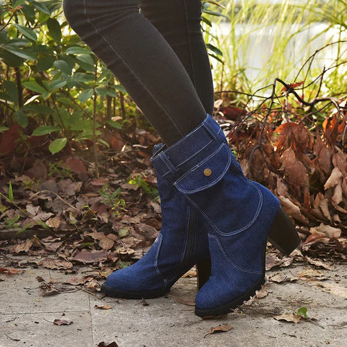 Block Heel Denim Mid Tube Women Boots Bazaare Mart Denim Boots