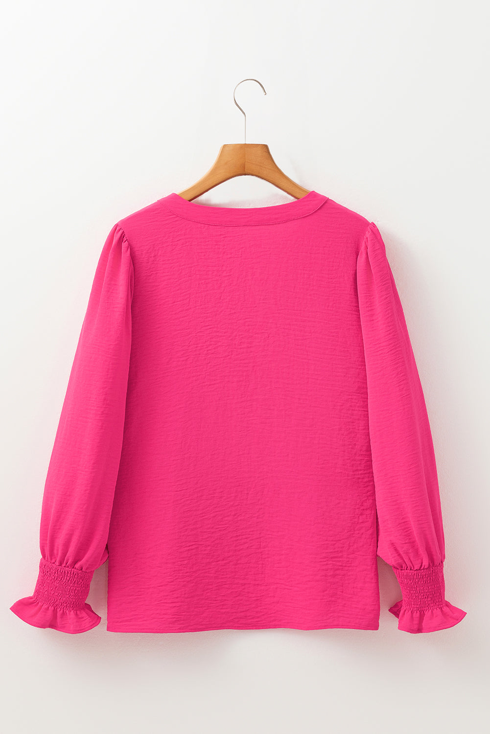 Magenta Long Sleeve Shirred Cuff V Neck Blouse