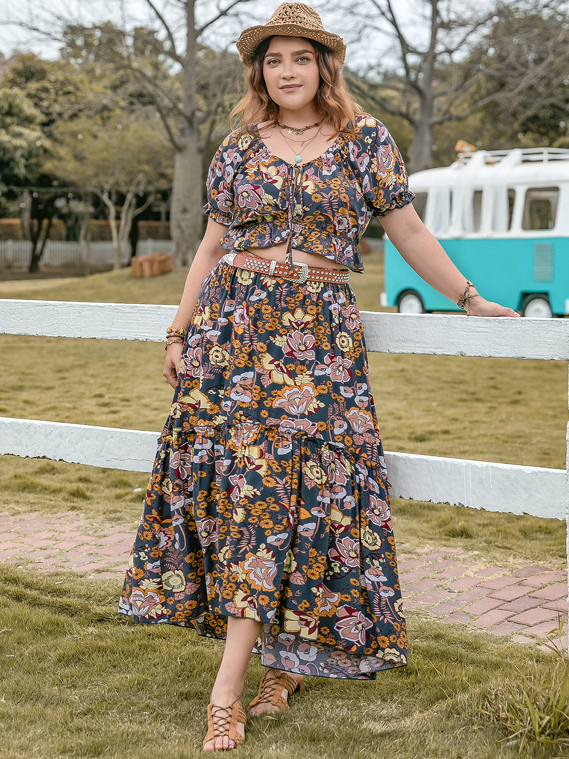 Floral Plus Size Short Sleeve Top and Skirt Set