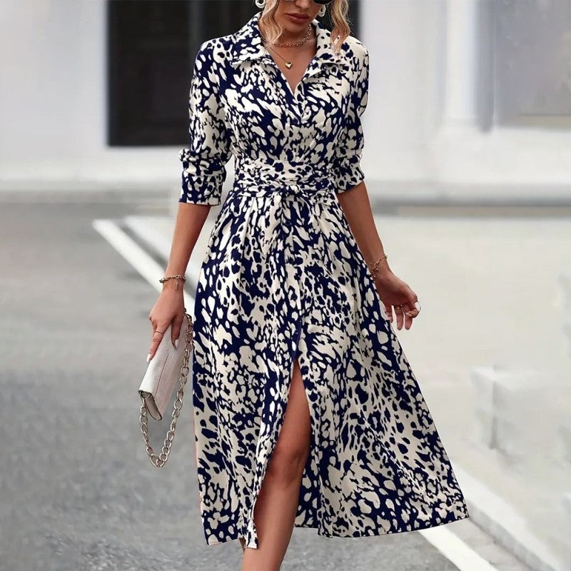 Abstract Print Collared V-Neck Belted Midi Dress
