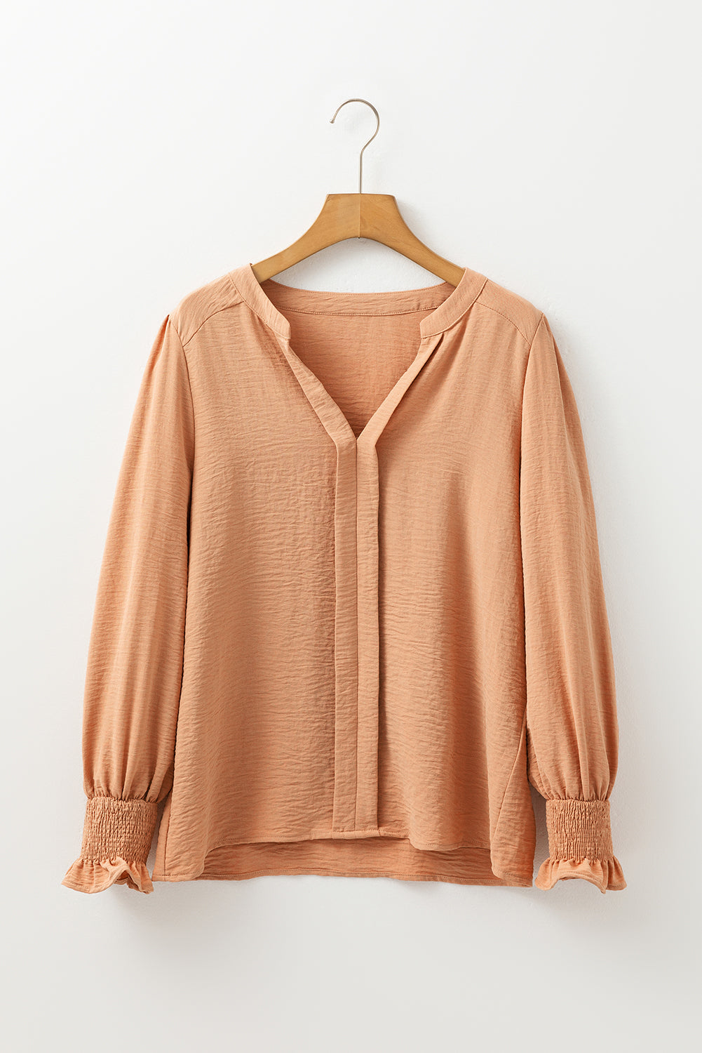 Khaki Long Sleeve Shirred Cuff V Neck Blouse