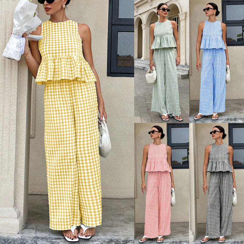 Retro Plaid Sleeveless Top With Ruffled Hem And Straight-leg Pants CJ Dropshipping Retro Plaid Sleeveless Pants Set