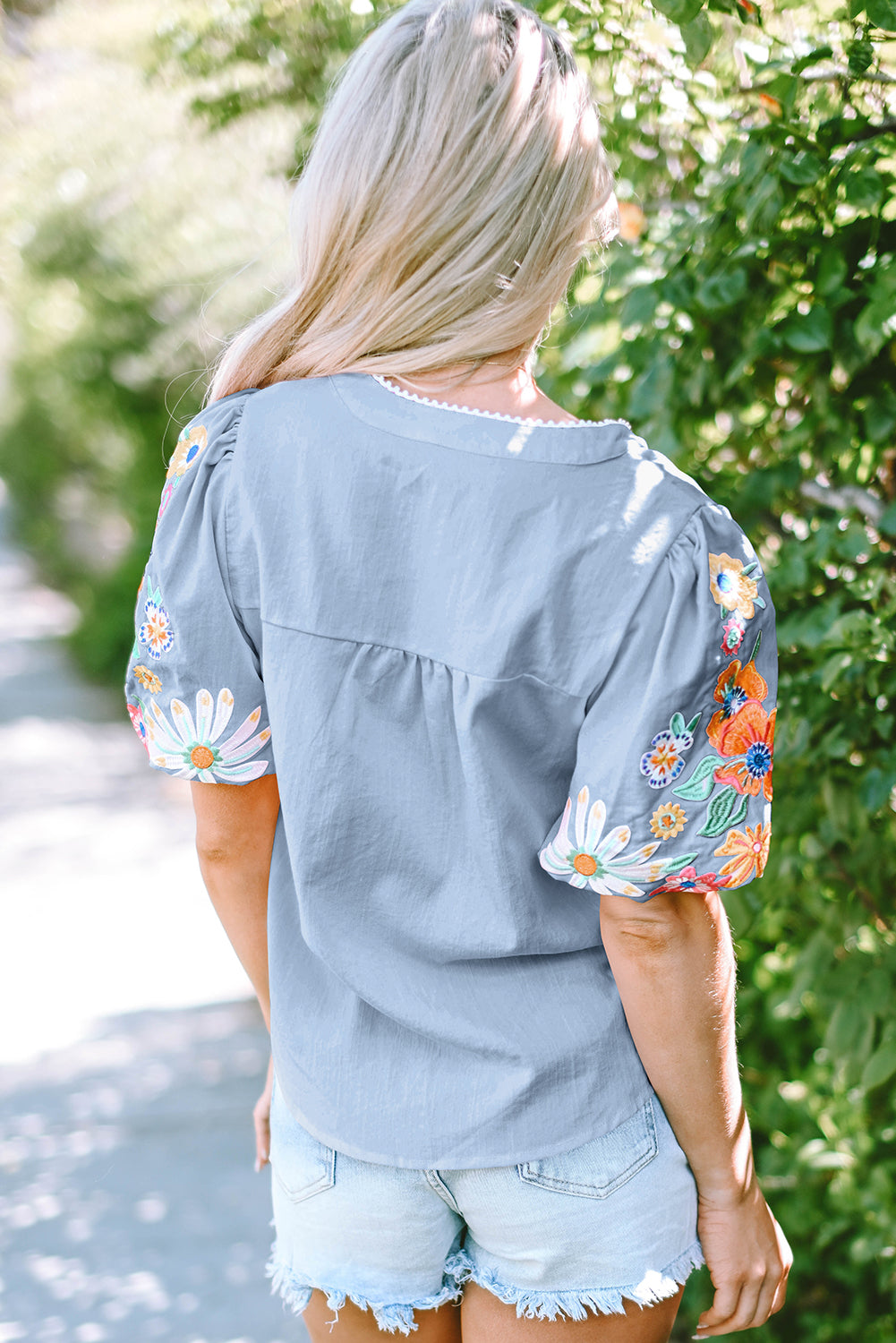 Light Blue Floral Embroidered Puff Sleeve Split Neck Blouse