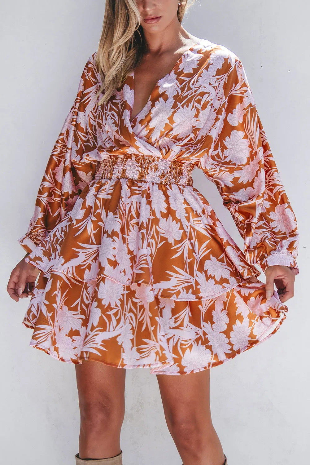 Terracotta Printed Long Sleeve Mini Dress