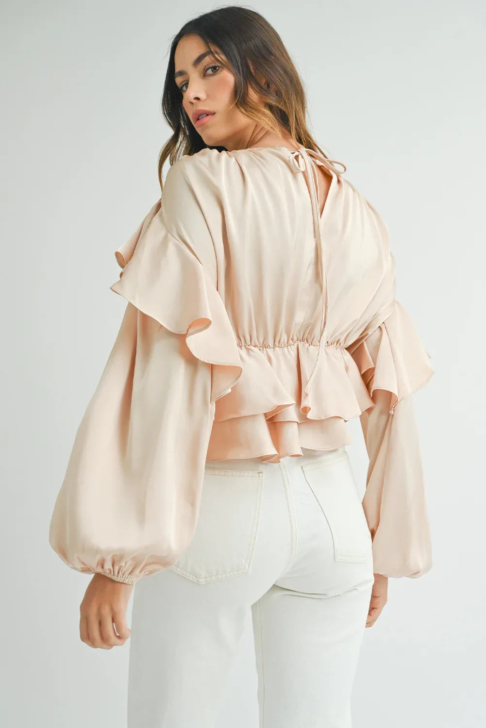 Oatmeal Ruffled Peplum Blouse Bazaare Mart Tops/Blouses & Shirts