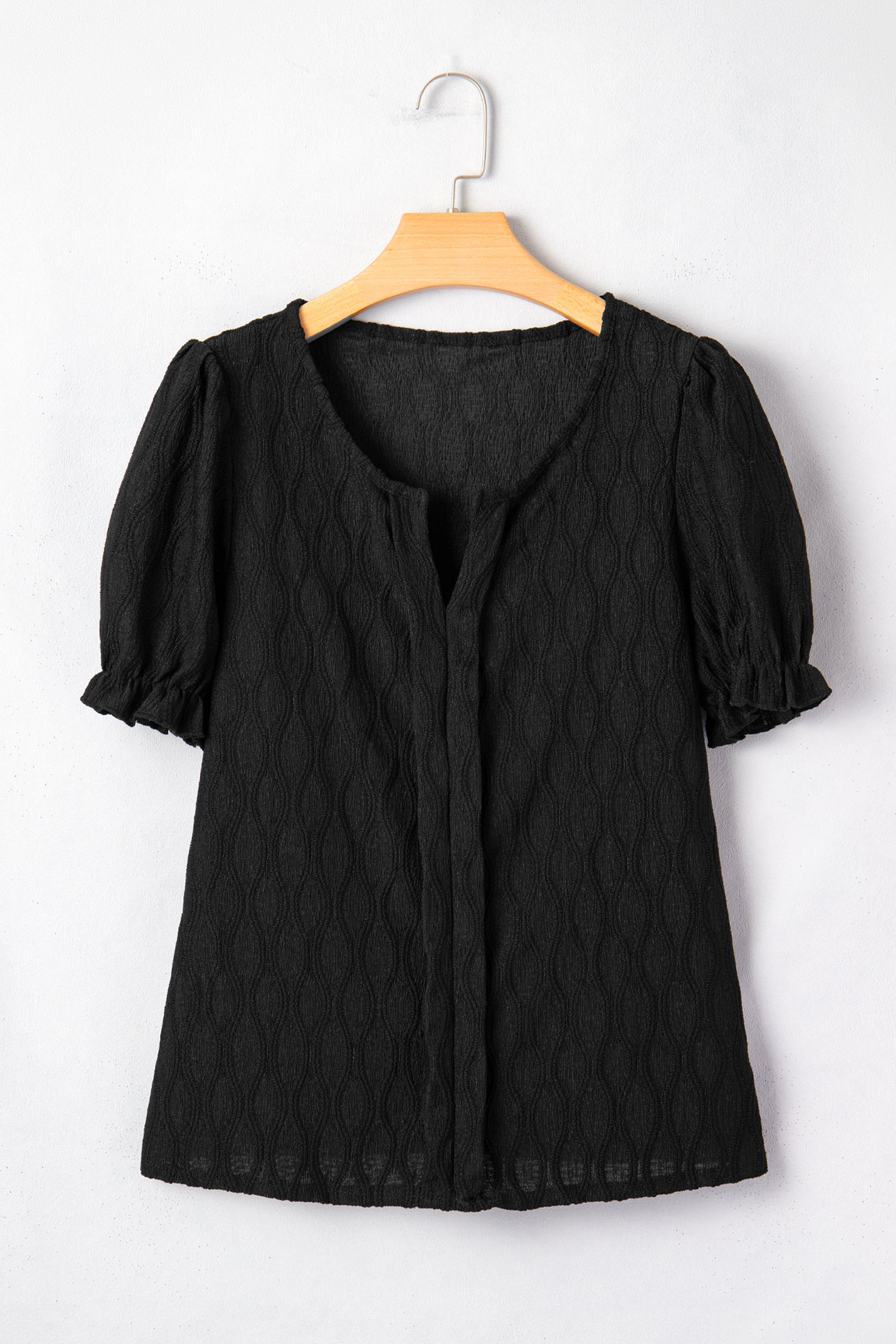 Solid Color Textured Notched Neck Puff Sleeve Blouse Bazaare Mart Tops/Blouses & Shirts