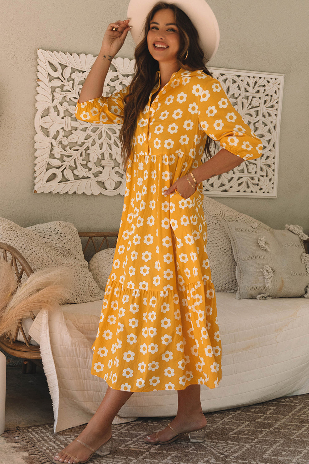 Yellow Flower 3/4 Sleeve Buttons Collared Maxi Dress