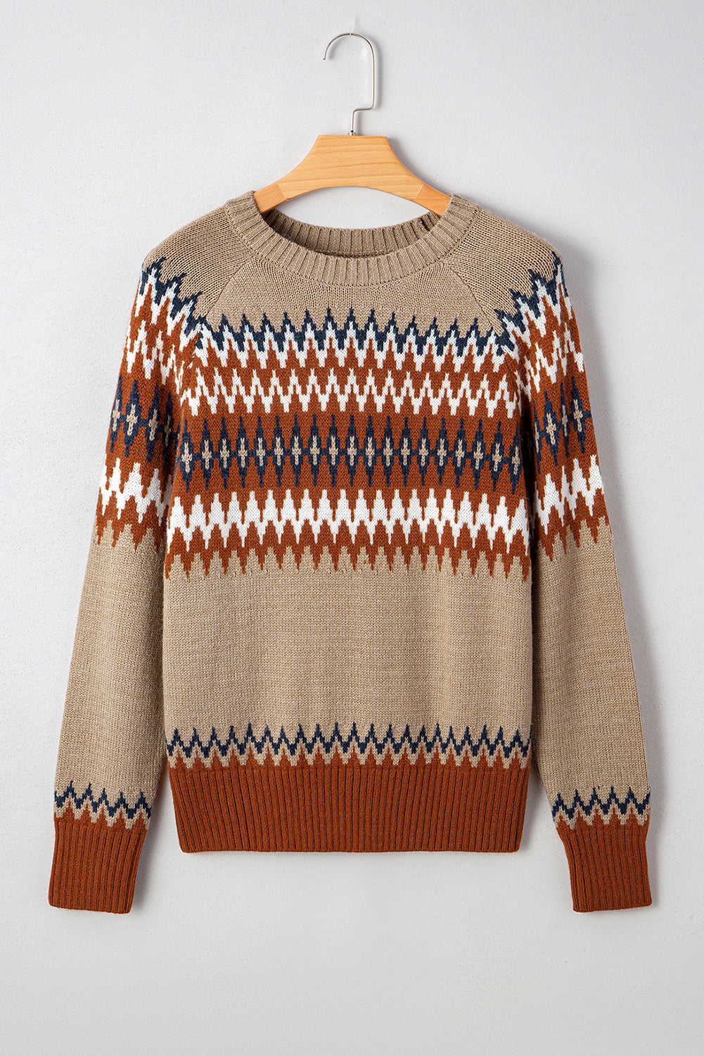 Khaki Geo Print Color Block Crew Neck Sweater