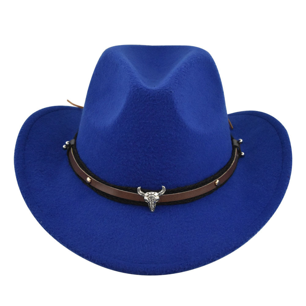 Royal Blue Felt Cowboy Hat with Steer Head on Leather Hat Belt