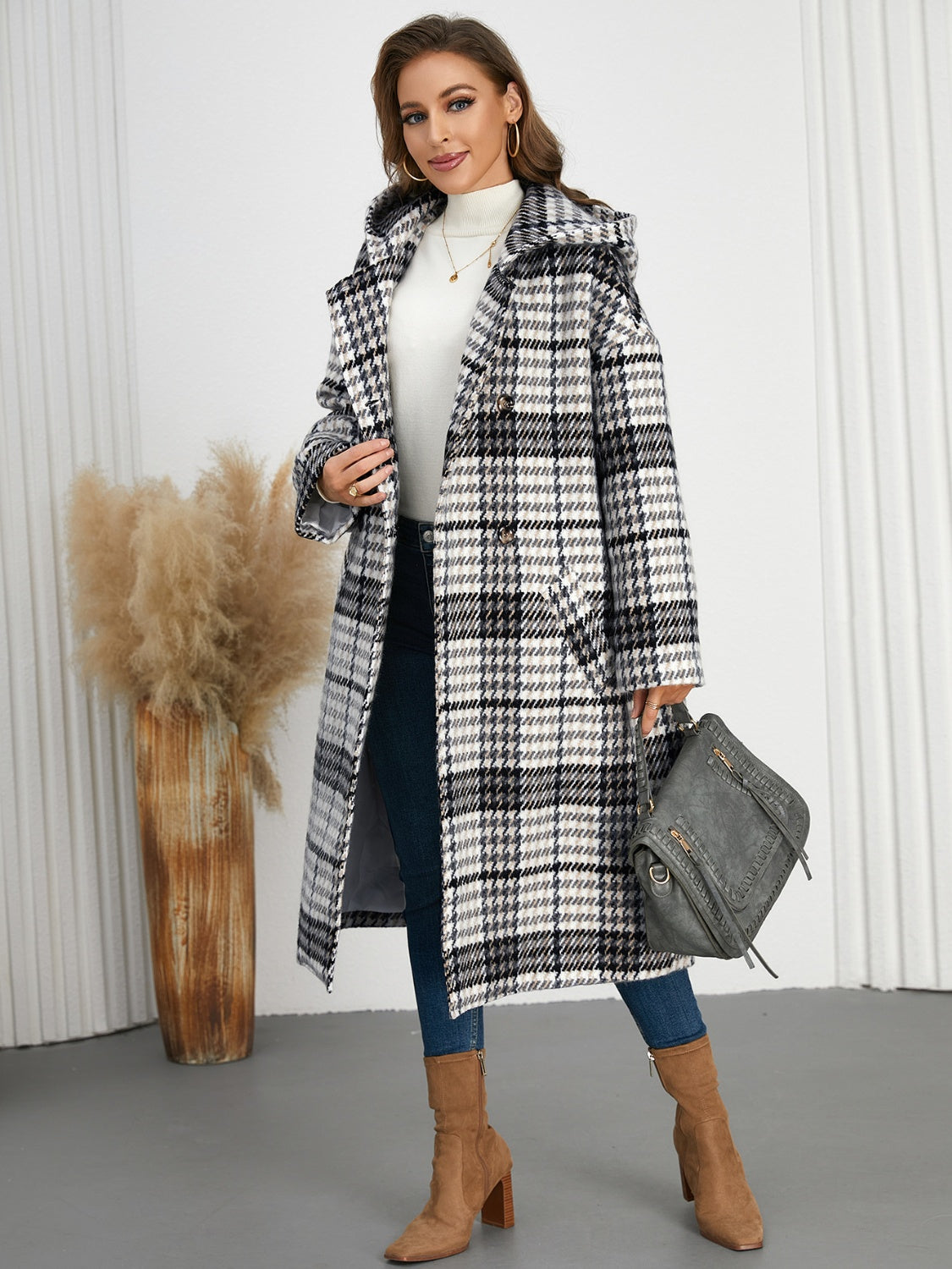 Plaid Double-Breasted Hooded Dress Coat