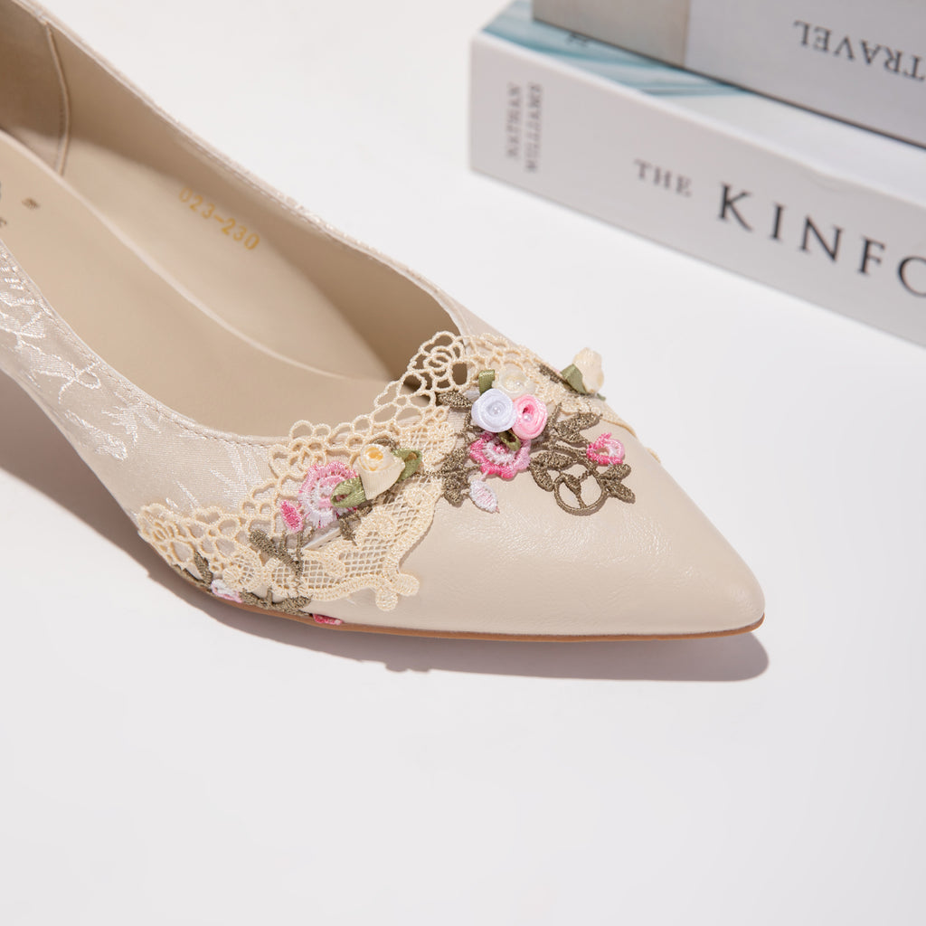 Beige Jacquard Kitten Heels – Pointed Toe Floral Embroidered Elegant Dress Shoe CJ Dropshipping Floral Pumps