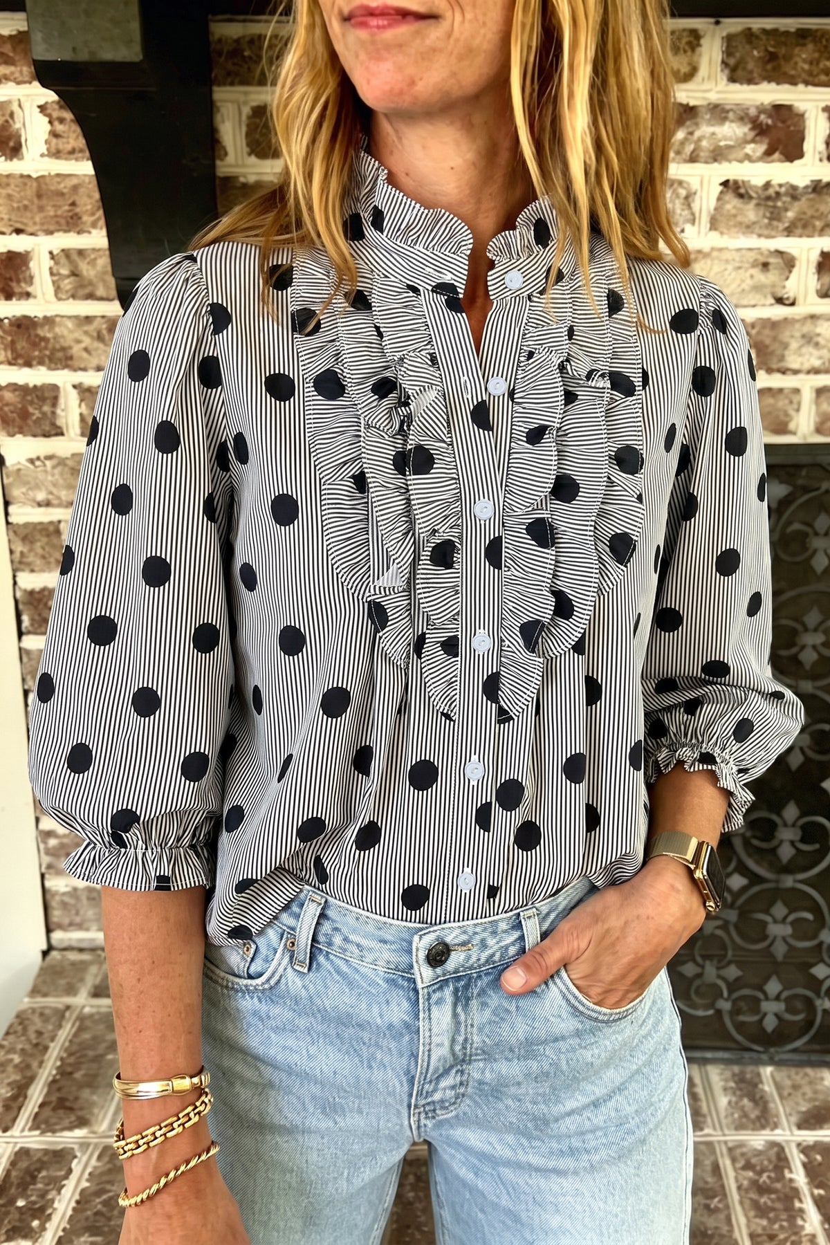 Polka Dot Striped Print Ruffle Stand Up Neck 3/4 Sleeve Shift Shirt