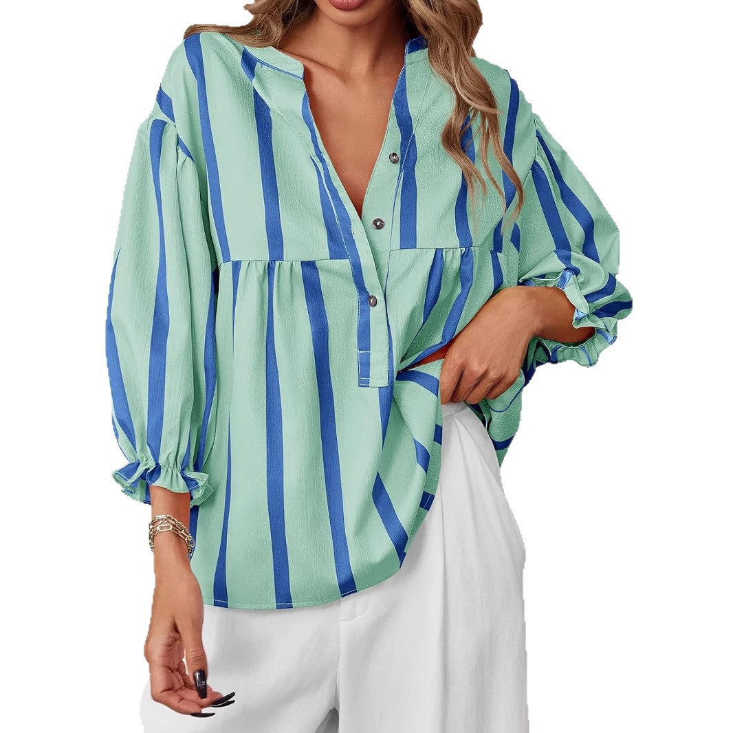 Women’s Striped Puff Sleeve Blouse – Loose Fit 3/4 Sleeve Half Button Top CJ Dropshipping Wide Vertical Stripe 3/4 Sleeve Shirt