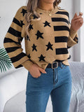 Stars and Stripes Round Neck Sweater Khaki Bazaare Mart Stars and Stripes Pattern Casual Round Neck Sweater