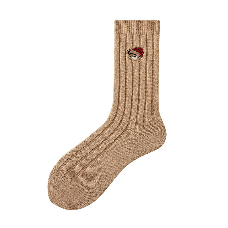 Women's Solid Color Embroidered Bear Socks