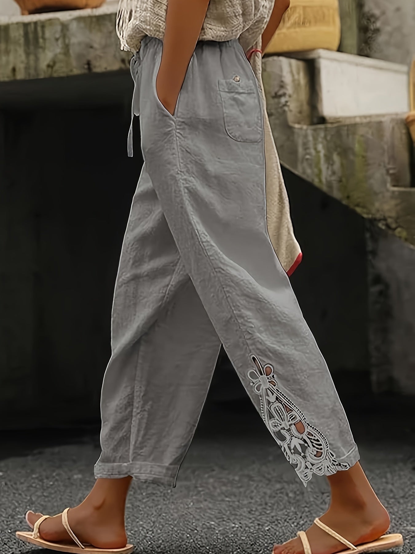 Women’s Lace Cutout Drawstring Straight Pants – Casual Wide Leg Lounge Trousers Grey CJ Dropshipping Light White Cotton Pants